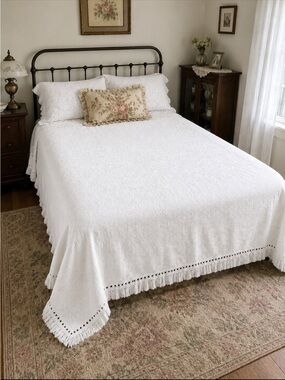 Vintage Morgan Jones Waffle Weave Cotton Bedspread | Fringe. White Sz-Full